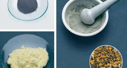 Željezni prah (vrh), sumporov prah (dno), i njihova mješavina (desno)