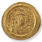 Justinijan I., bizantski car (527–565), prikazan na kovanici