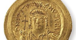 Justinijan I., bizantski car (527–565), prikazan na kovanici