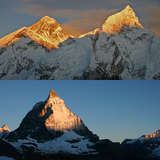 Narančasto alpsko svjetlo na Mount Everestu (gore lijevo) i na Matterhornu